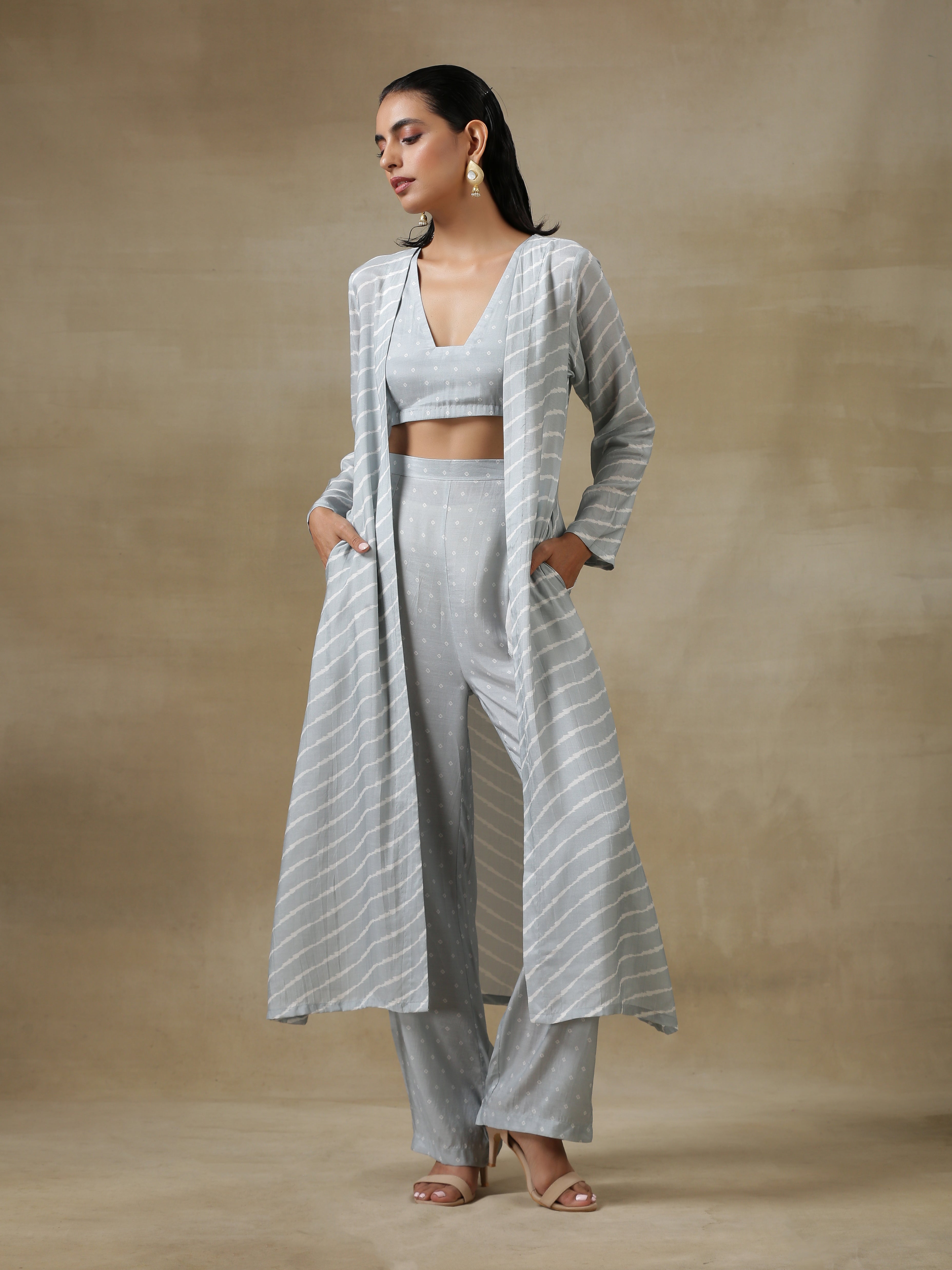 trueBrowns Grey Bandhani Printed Silk Overlay Jacket Blouse Pant Set | Grocsy