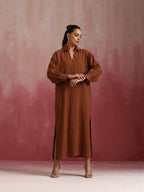 trueBrowns Brown Cotton Dobby Dress | Grocsy