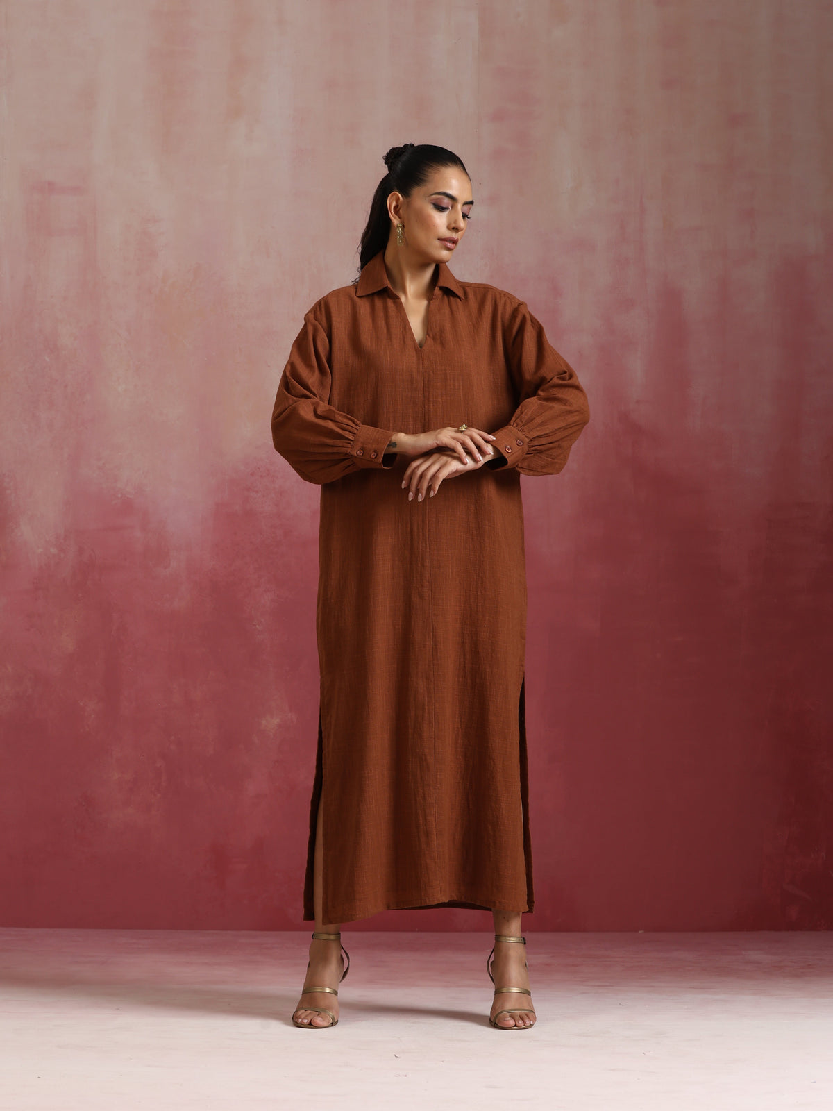 trueBrowns Brown Cotton Dobby Dress | Grocsy