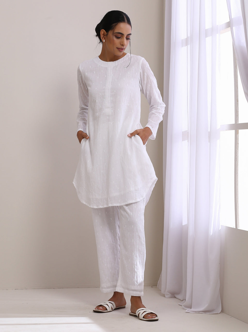 trueBrowns White Dobby Front Placket Co-Ord Set | Grocsy
