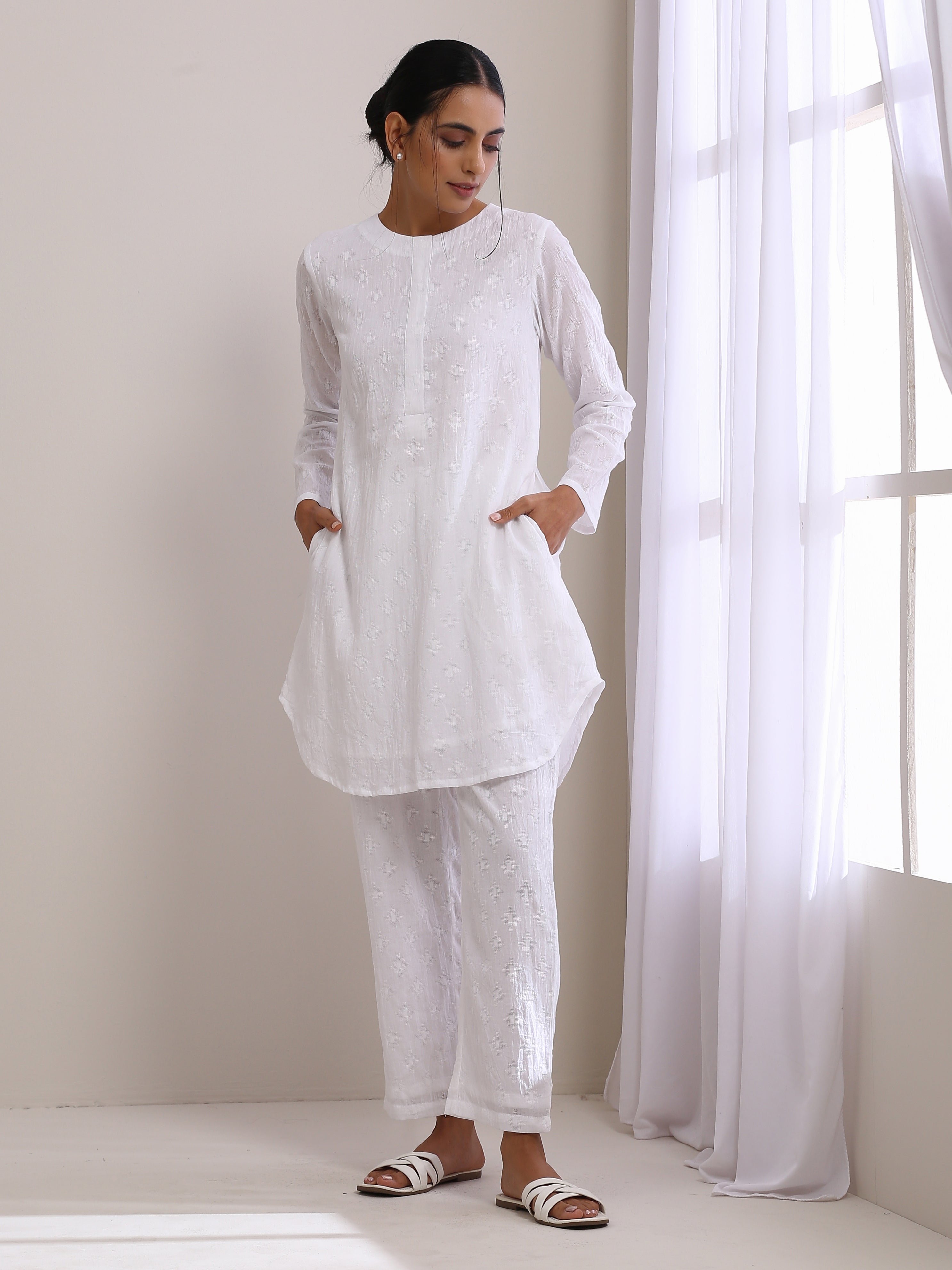 trueBrowns White Dobby Front Placket Co-Ord Set | Grocsy