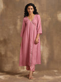 trueBrowns Light Mauve Bandhani Printed Silk Angrakha Kurta Pant Set | Grocsy