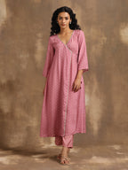 trueBrowns Light Mauve Bandhani Printed Silk Angrakha Kurta Pant Set | Grocsy