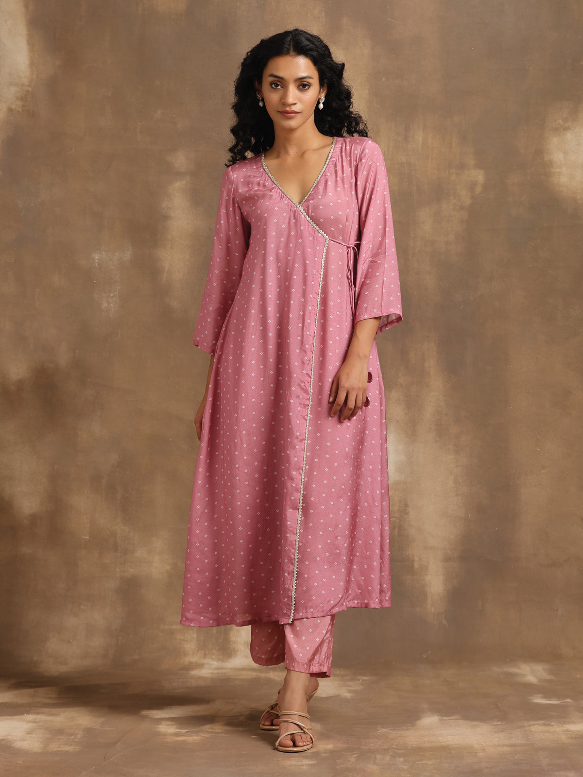 trueBrowns Light Mauve Bandhani Printed Silk Angrakha Kurta Pant Set | Grocsy