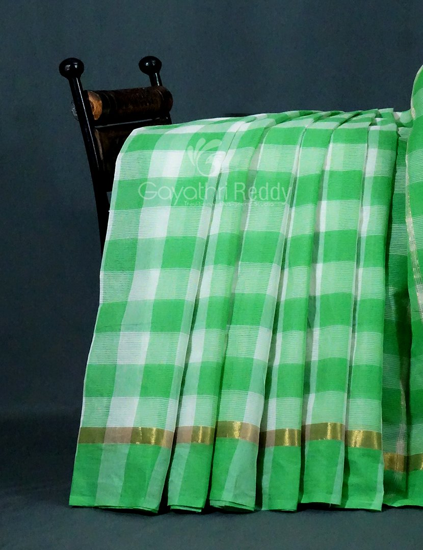 Cream And Green Colored With Checks Pure Mangalgiri Cotton Saree By Gayathri Reddy Designer Studio | Grocsy
