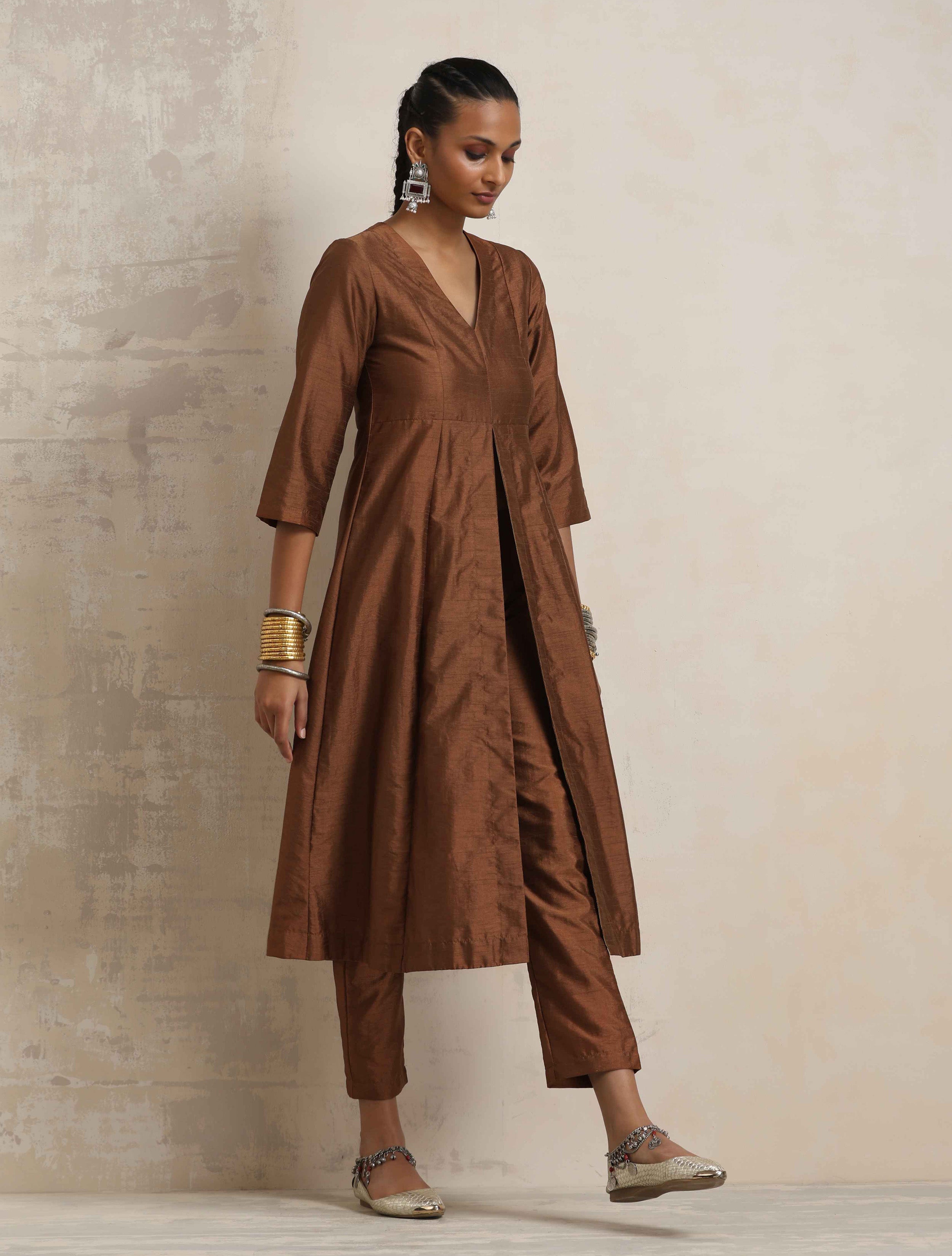 trueBrowns Brown Silk Slit Kurta Set | Grocsy