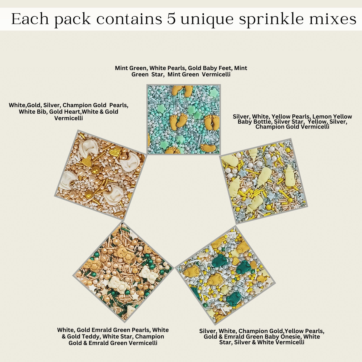 Confect Baby Shower Sprinkles | Mix Silver Baby Feet & Feeding Bottle Sprinkles Pack of 5 (BABY SHOWER -04) | Grocsy