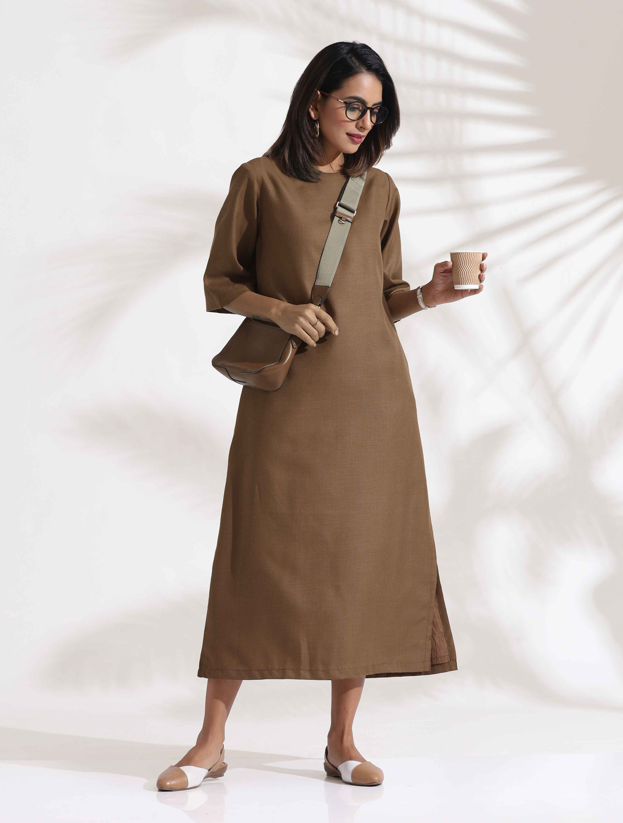 trueBrowns Brown Slub Dress | Grocsy