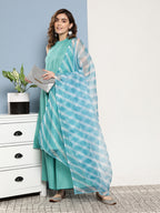 InWeave Women's Teal Lurex Boho Kurta Set With Sky Blue White Leh Dupatta | Grocsy
