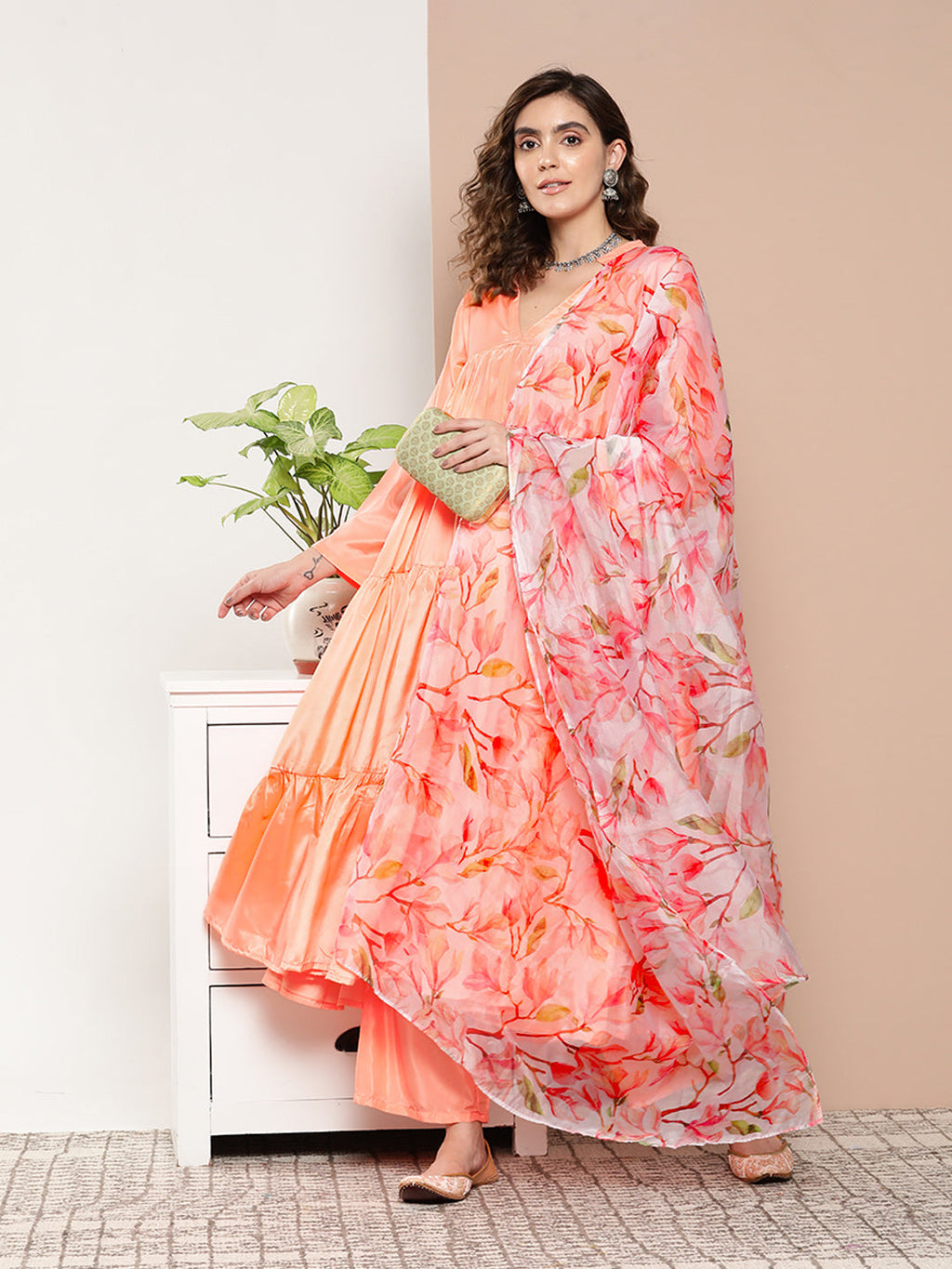 InWeave Women's Peach Tiered Anarkali Kurta Set | Grocsy