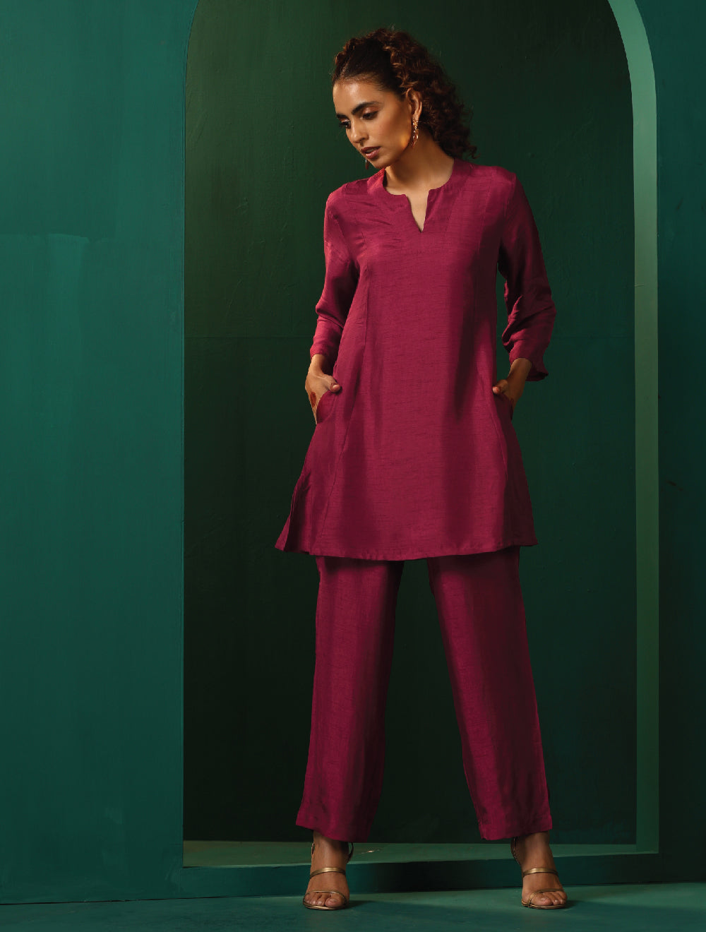 trueBrowns Maroon Silk Relaxed Co-ord Set | Grocsy