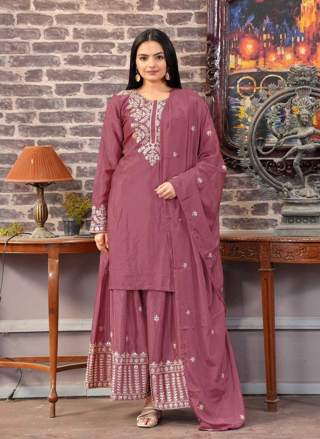 Yash Enterprise Floral Embroidered Chinon Silk Pink Readymade Salwar Suit | Grocsy
