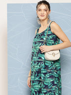 InWeave Women's Navy Green Big Leaf Print Crepe Kurta Set | Grocsy