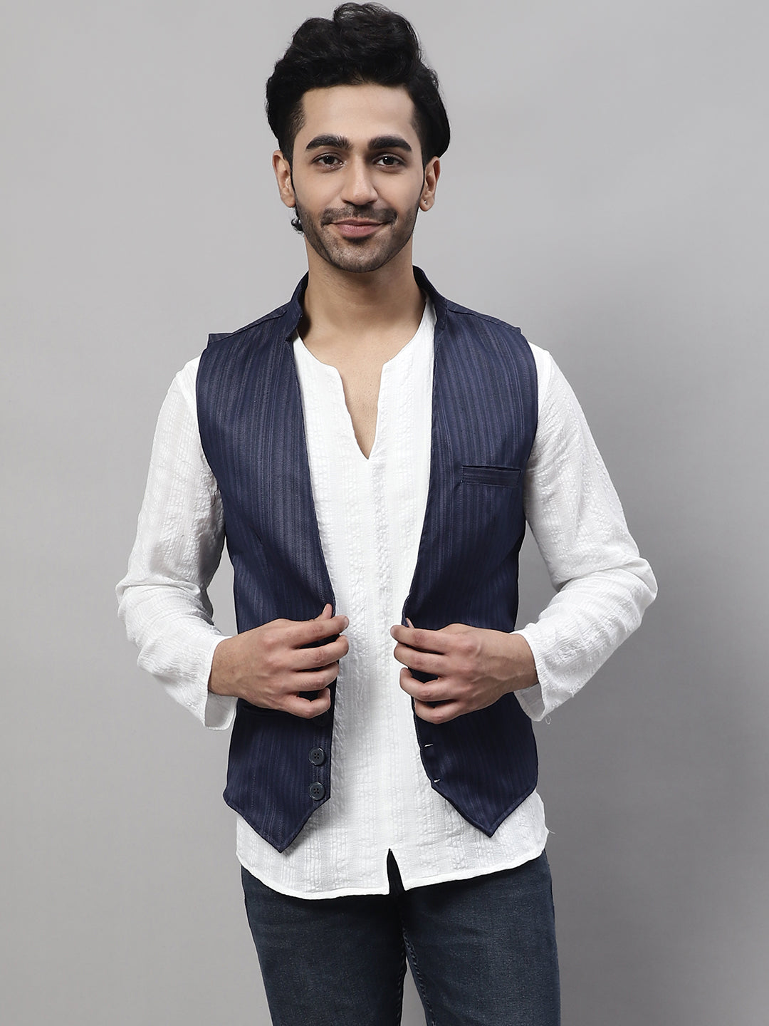 Even Apparels Men's Blue Nehru Jacket With Welt Pockets | Grocsy
