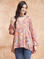 InWeave Women's Dove Grey Floral Digital Print Kaftan Boho Top | Grocsy