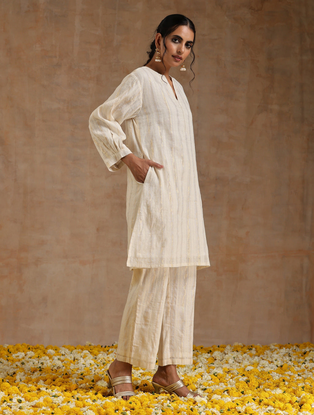 trueBrowns Ivory Gold Cotton Relaxed Co-Ord Set | Grocsy