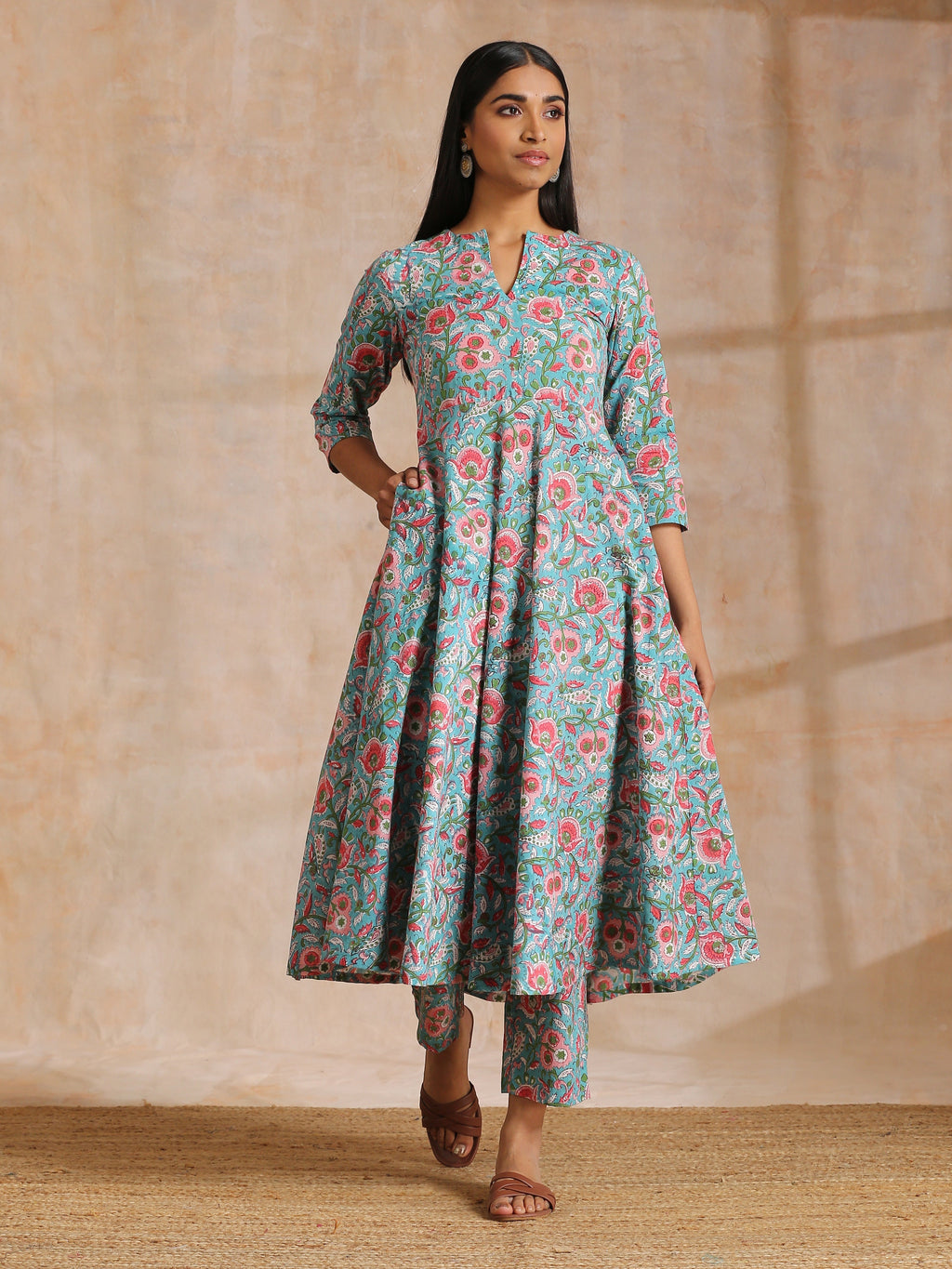 trueBrowns Turkish Blue Overall Floral Block Print Cotton Flared Kurta Pant Set | Grocsy