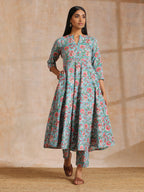 trueBrowns Turkish Blue Overall Floral Block Print Cotton Flared Kurta Pant Set | Grocsy