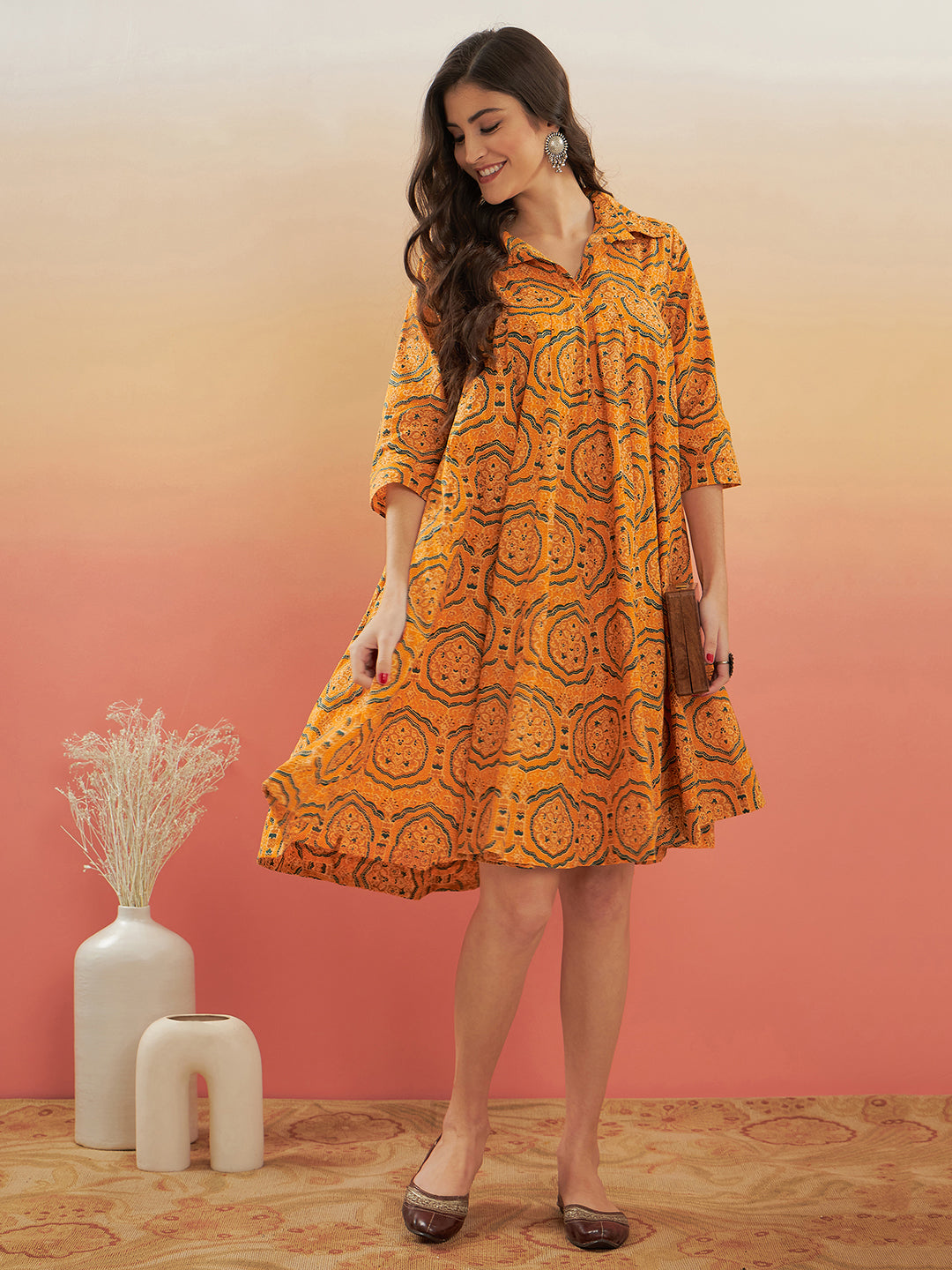InWeave Women's Haldi Yellow Mughal Kalamkari Flared Dress | Grocsy
