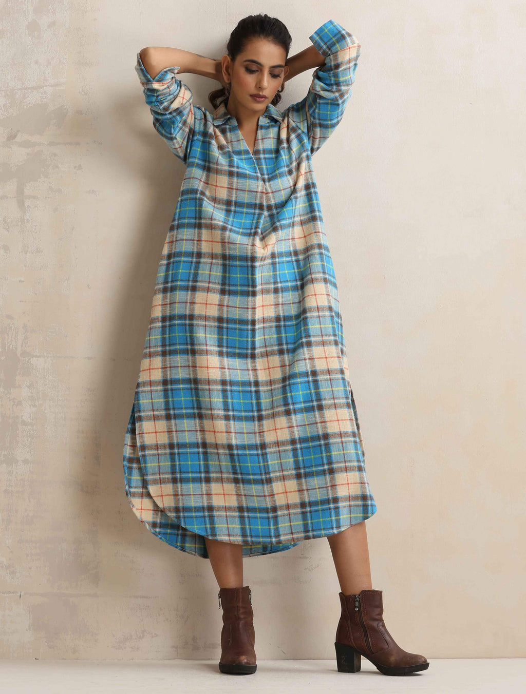 trueBrowns Beige Check Pleated Winter Dress | Grocsy