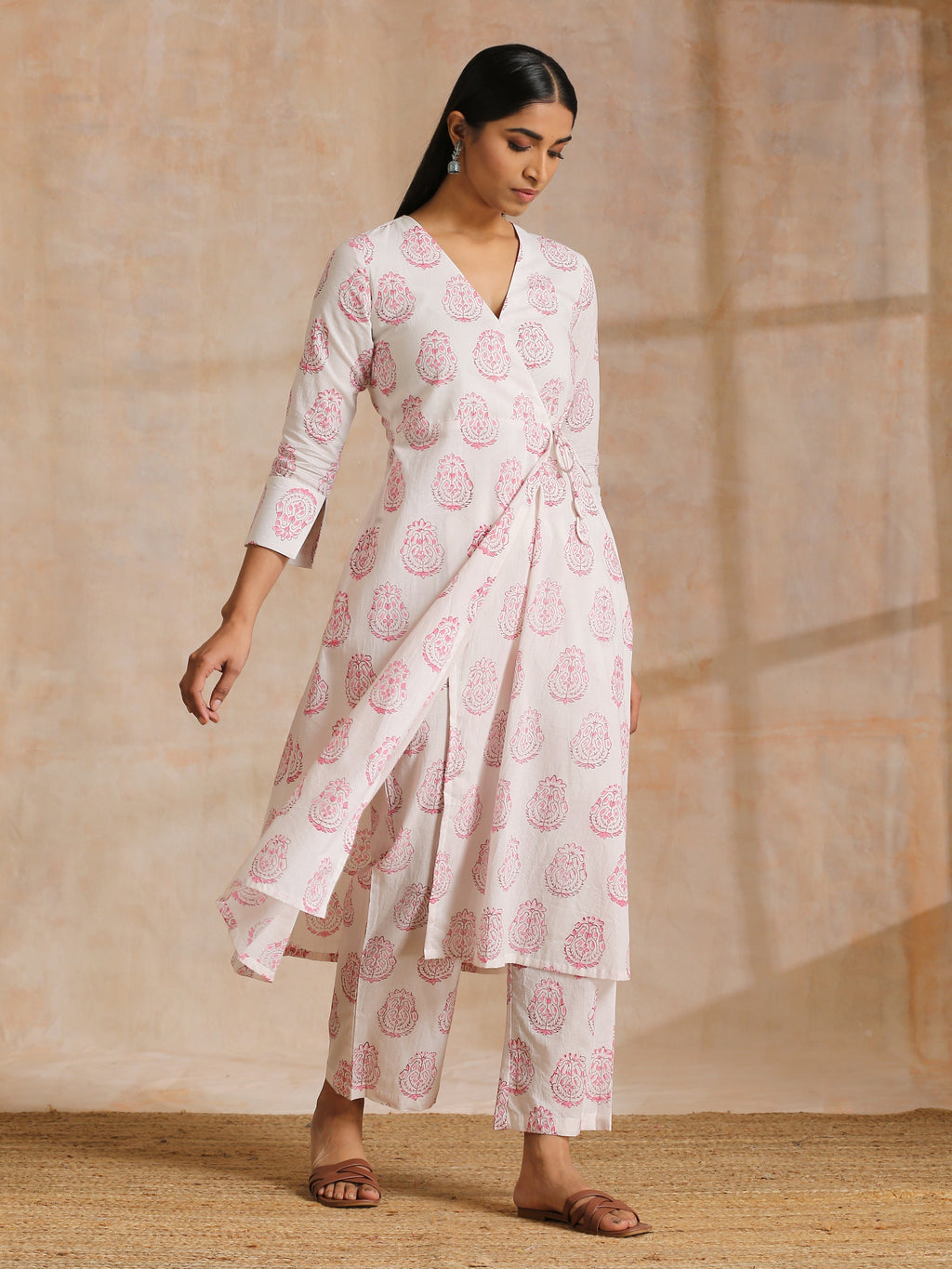 trueBrowns Pink Big Buta On White Print Cotton Angrakha Kurta Pant Set | Grocsy