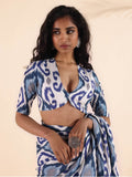 trueBrowns Blue Muslin Ikat Deep V-Neck Blouse | Grocsy