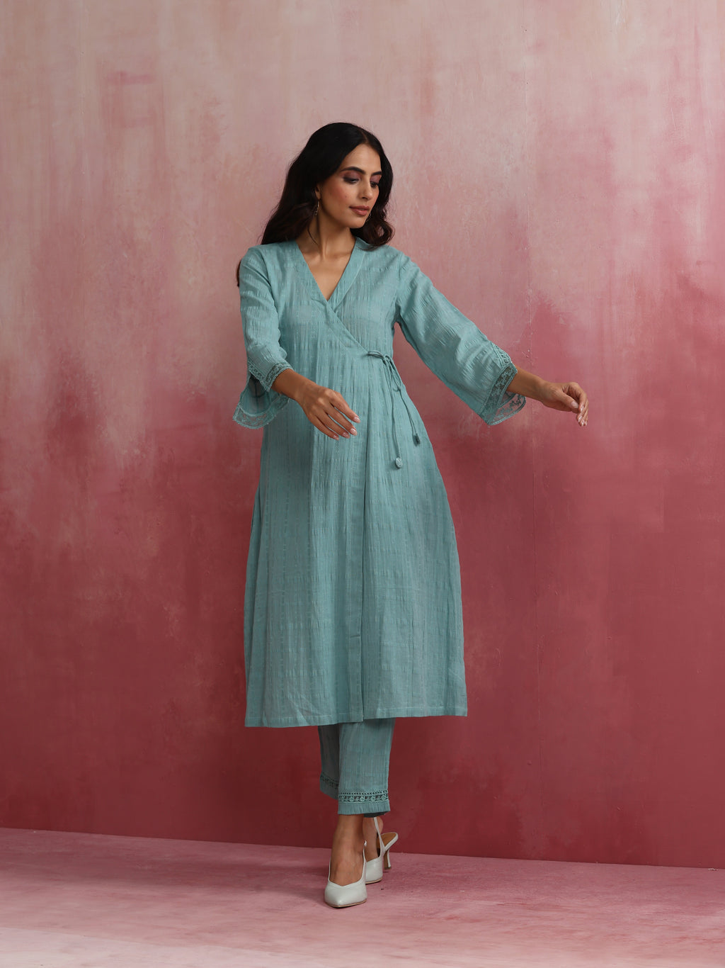 trueBrowns Aqua Blue Cotton Dobby Angrakha Kurta Set | Grocsy
