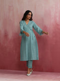 trueBrowns Aqua Blue Cotton Dobby Angrakha Kurta Set | Grocsy