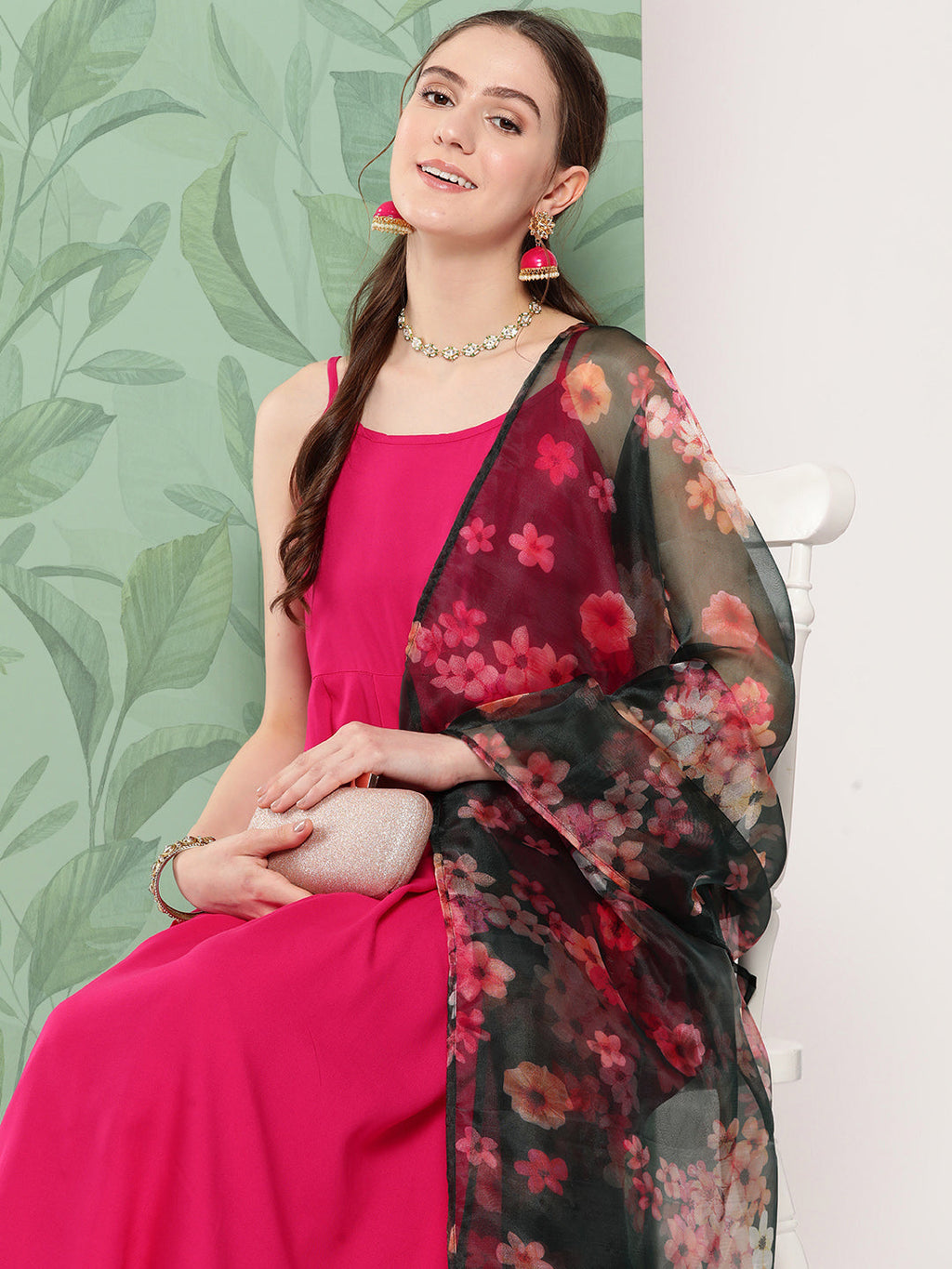 InWeave Women's Fuchsia Strappy Set W Dark Green Camelia Or Dupatta | Grocsy