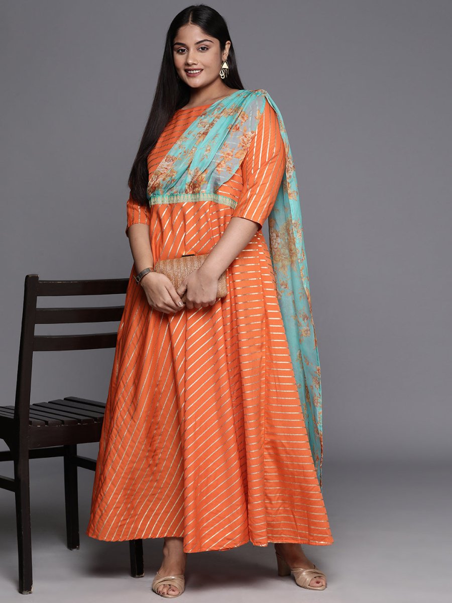 Ahalyaa Plus Size Boat neck Maxi Ethnic Dress | Grocsy