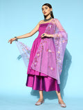 InWeave Purple Off Shoulder Silk Kurta Set -Mauve Hand Painted Dupatta | Grocsy