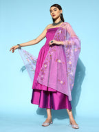 InWeave Purple Off Shoulder Silk Kurta Set -Mauve Hand Painted Dupatta | Grocsy