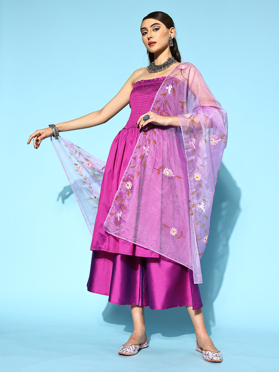 InWeave Purple Off Shoulder Silk Kurta Set -Mauve Hand Painted Dupatta | Grocsy