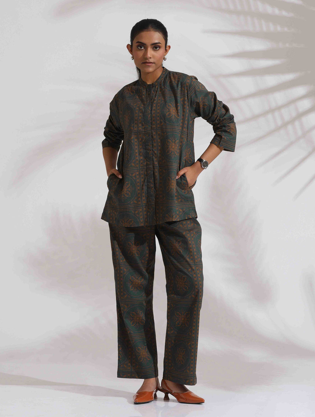 trueBrowns Green Cotton Print Shirt Top & Pants Co-ord Set | Grocsy