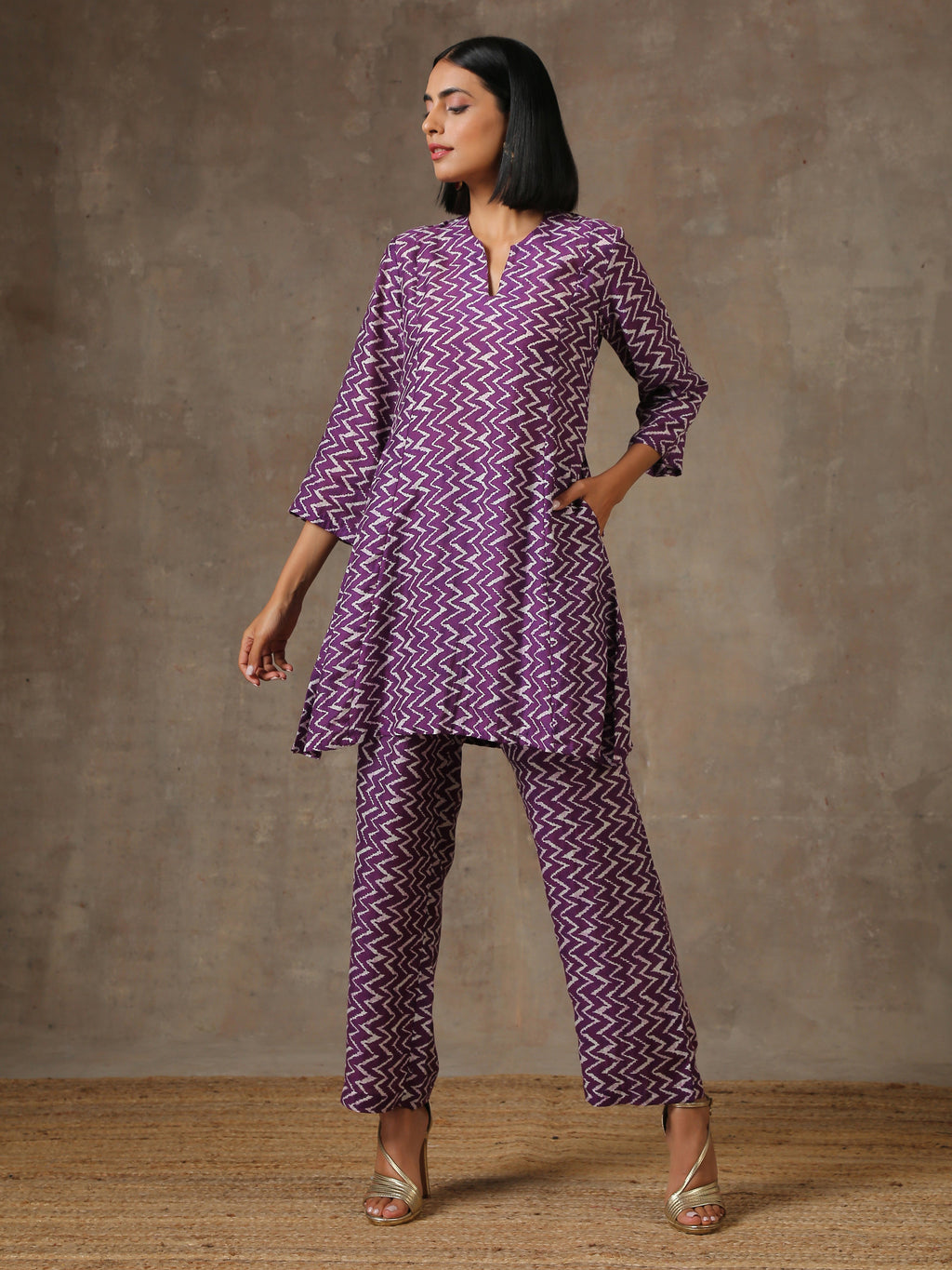 trueBrowns Purple White Lehariya Printed Silk Co-Ord Set | Grocsy