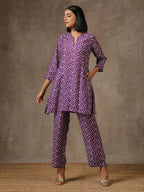 trueBrowns Purple White Lehariya Printed Silk Co-Ord Set | Grocsy
