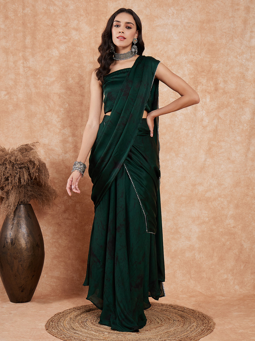 InWeave Women's Dark Green Black Gota Skirt Saree | Grocsy