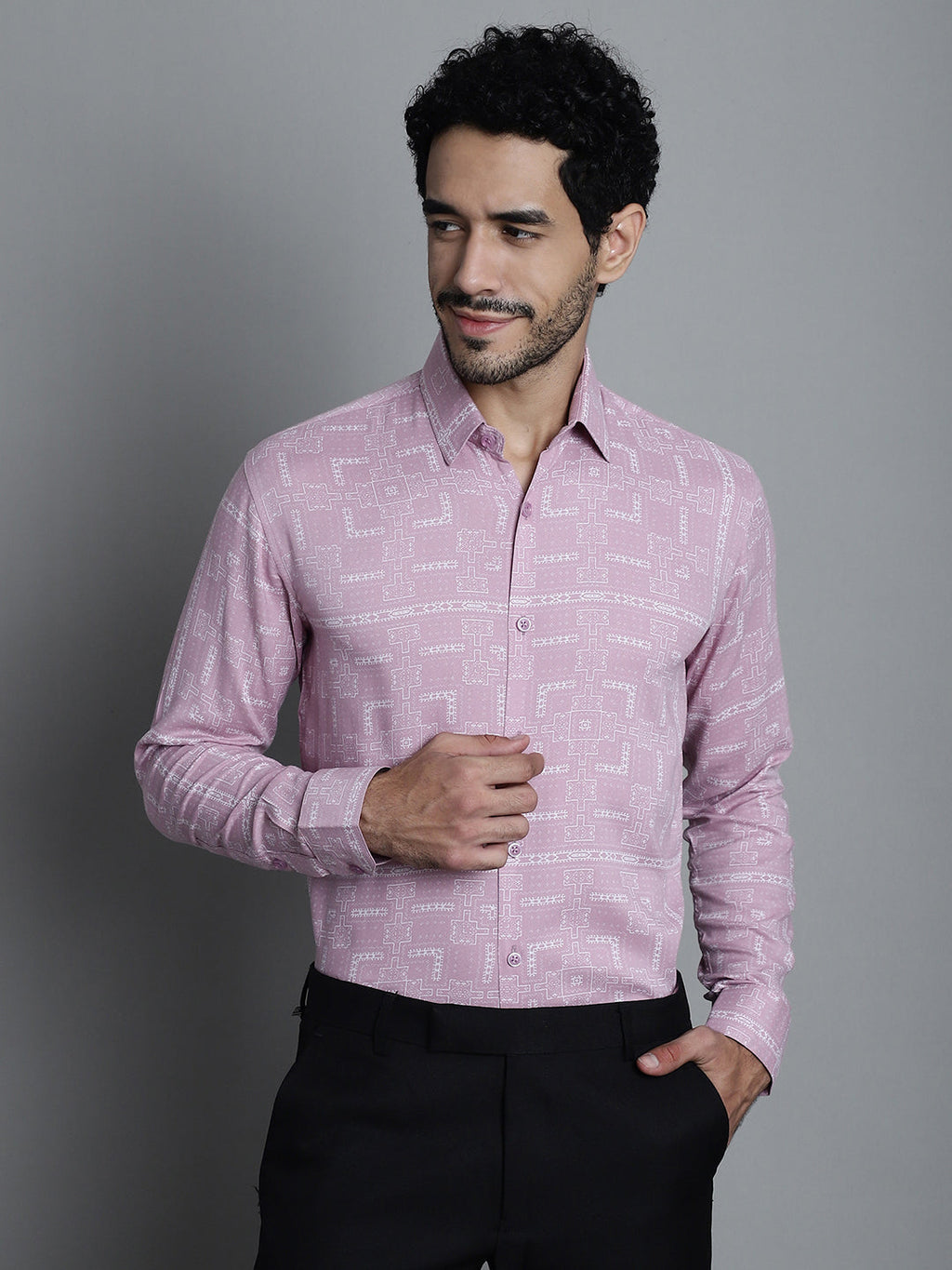 Jainish Men's Geomatric Printed Formal Shirts - Magenta | Grocsy