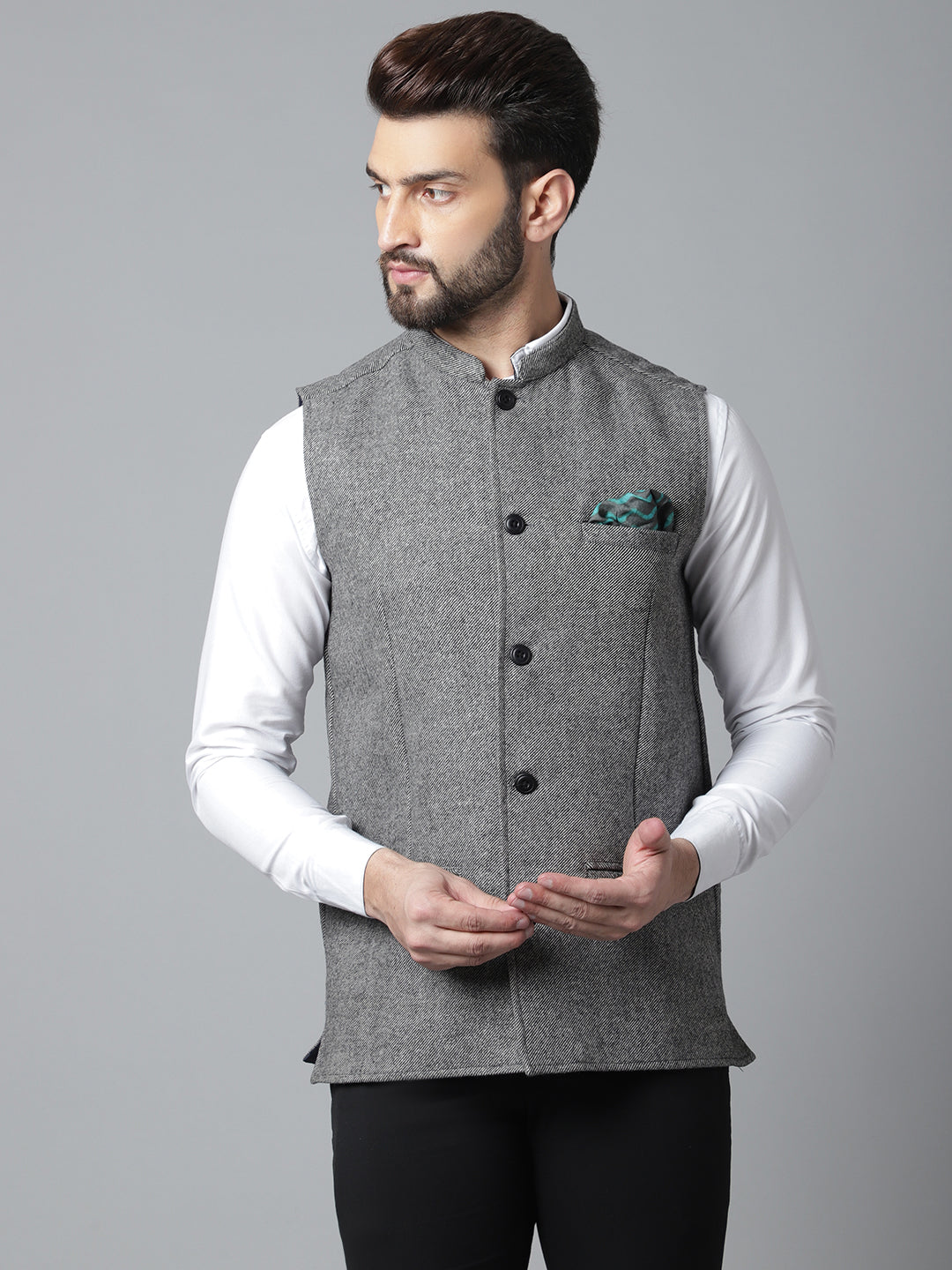 Even Apparels Men's Grey Pure Wool Nehru Jacket | Grocsy