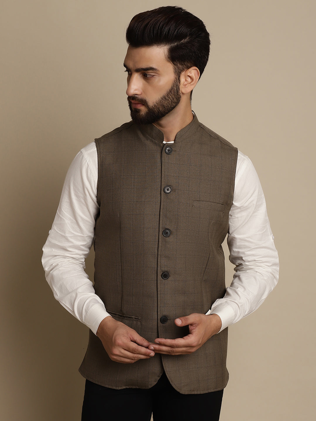 Even Apparels Men's Brown Mandarin Collar Waistcoat | Grocsy