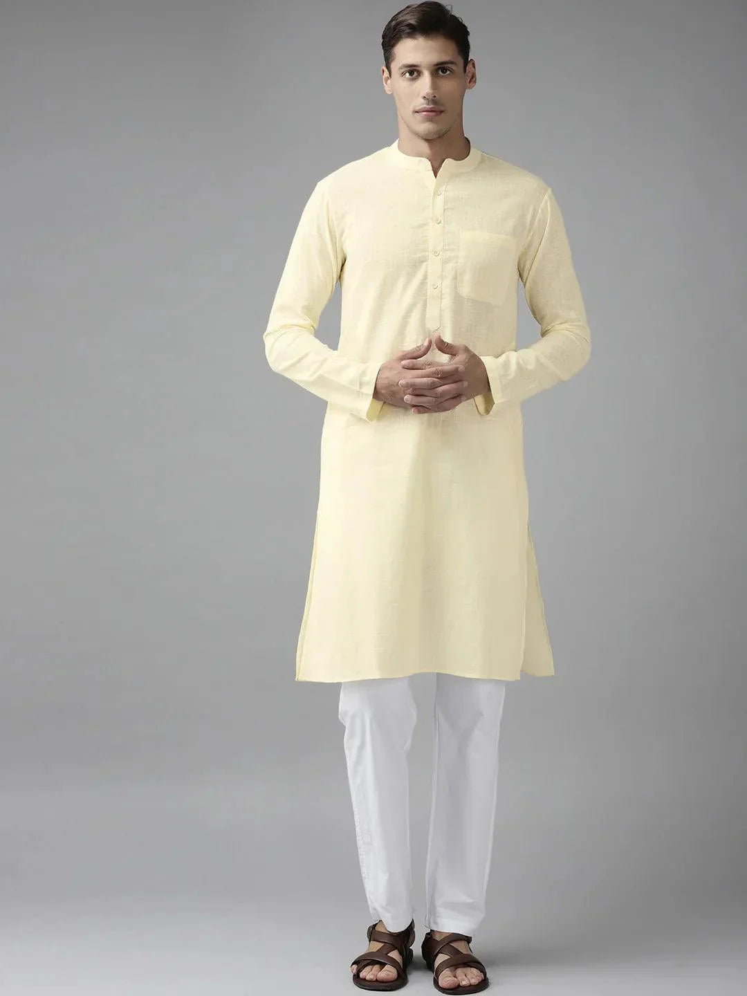 Fabmade Men Cream Cotton Linen Kurta | Grocsy