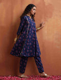 trueBrowns Blue Floral Print Flared Anarkali Kurta Co-ord Set | Grocsy
