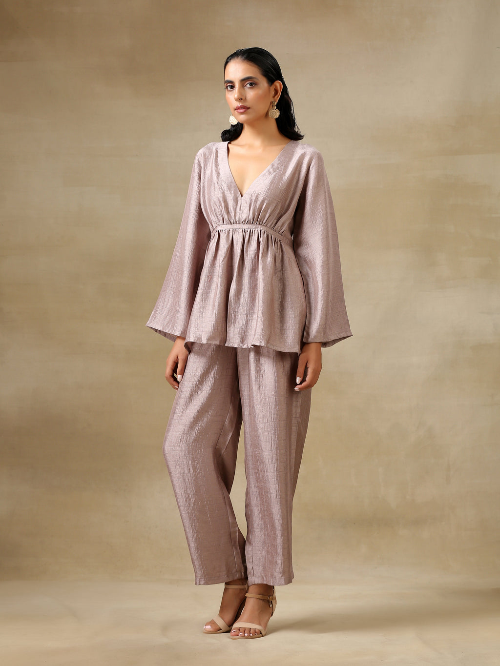 trueBrowns Grey Textured Silk Deep V-Neck Co-Ord Set | Grocsy