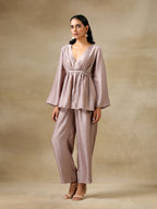 trueBrowns Grey Textured Silk Deep V-Neck Co-Ord Set | Grocsy