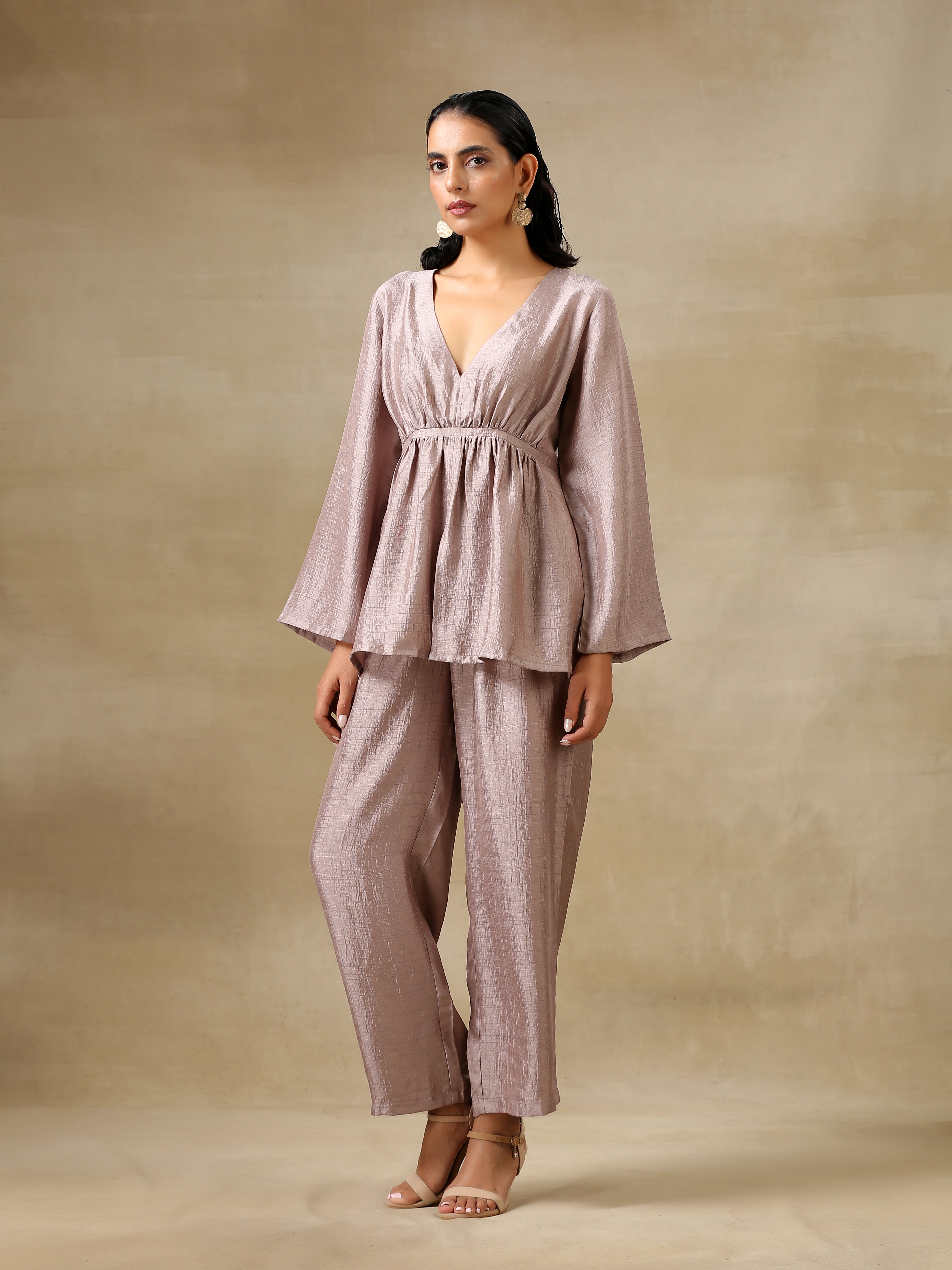 trueBrowns Grey Textured Silk Deep V-Neck Co-Ord Set | Grocsy