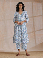 trueBrowns White With Overall Blue Print Cotton Slit Gathered Kurta Set | Grocsy