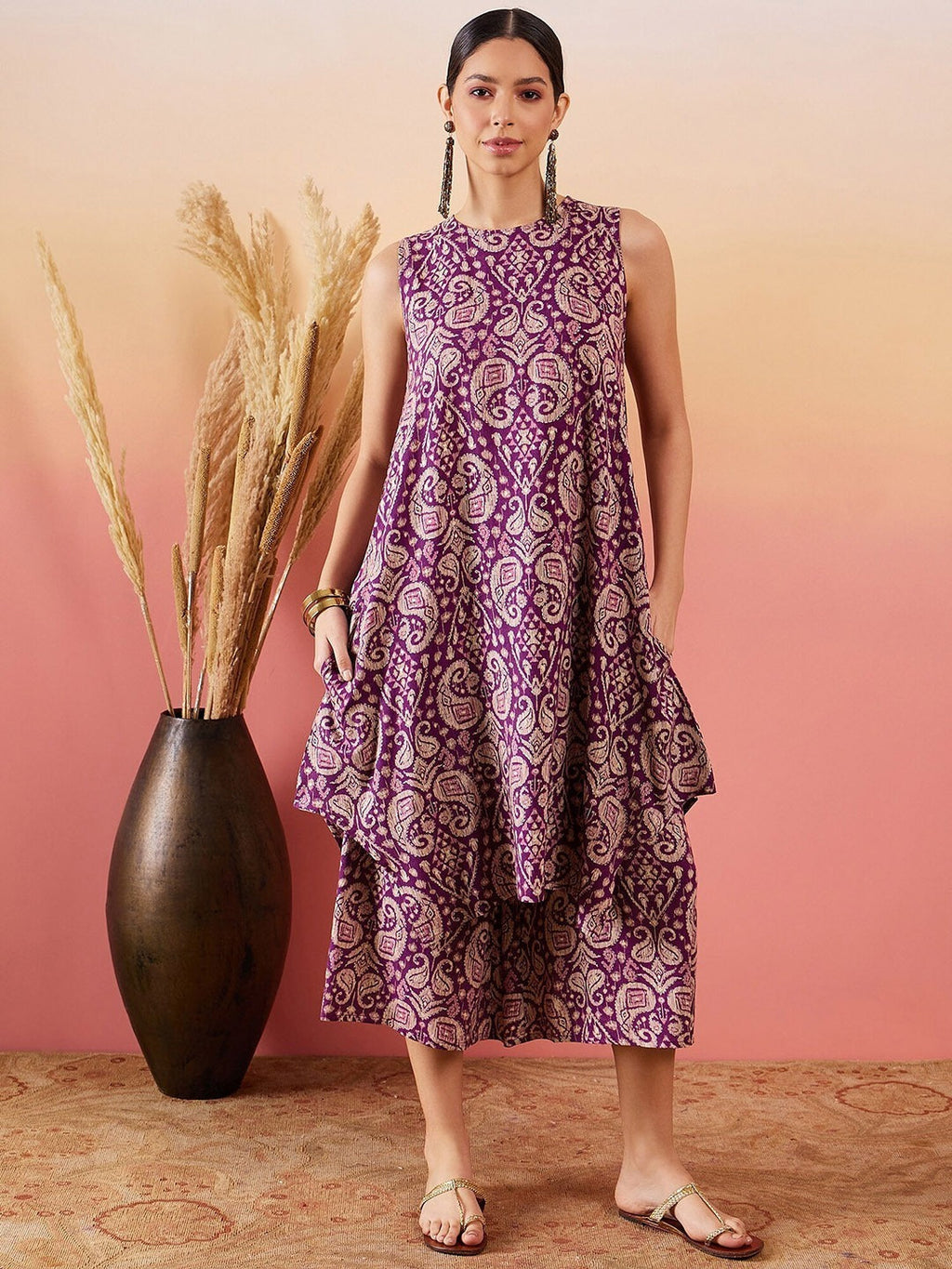 InWeave Dusty Mauve Paisley Round Neck Kurta Short Palazzo Set | Grocsy