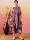 InWeave Dusty Mauve Paisley Round Neck Kurta Short Palazzo Set | Grocsy