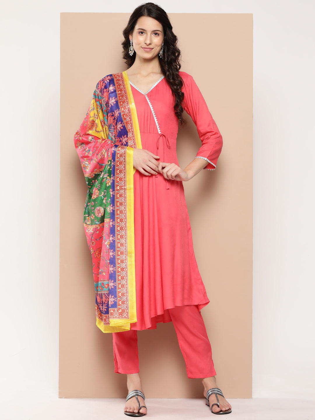InWeave Women's Camelia Gota Angrakha Kurta Set W Yellow Orange Dupatta | Grocsy