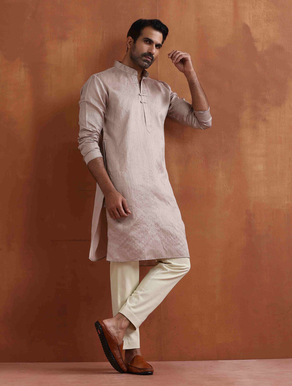 trueBrowns Men's Beige Sequin Chanderi Kurta | Grocsy